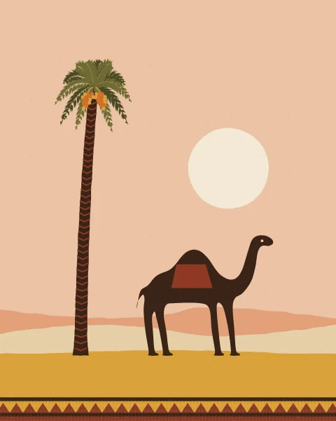 A camel with a red saddle cloth stands beside a date palm on mustard sand, under a pale sun.