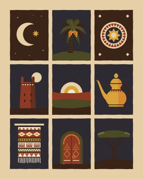 Panels of the desert at night: a crescent and star, a palm, a star rosette, a tower under the moon, a coffee pot, a woven hanging, a studded door and more.