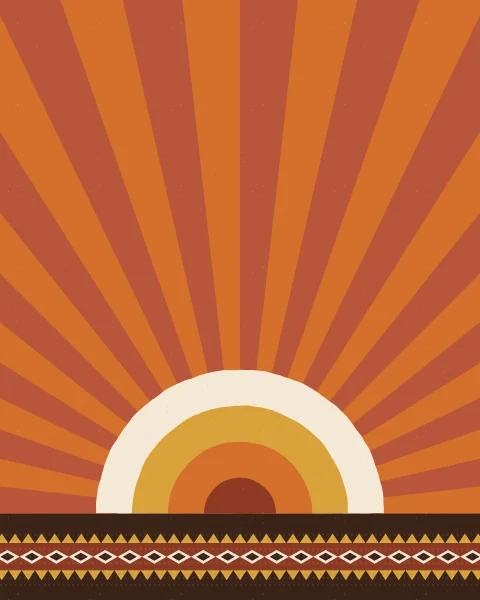 A banded half sun sends wide terracotta and orange rays across the whole sky, above a woven border.