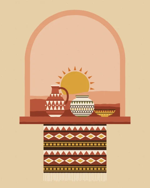An arched window frames a sun over dunes, with a jug, a round pot and a bowl on the deep sill and a woven cloth hanging below.