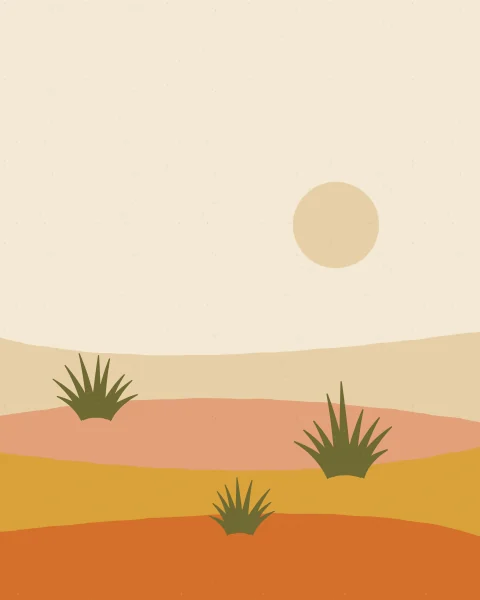 Tufts of desert grass grow on soft dunes of sand, clay, mustard and orange under a pale sun.