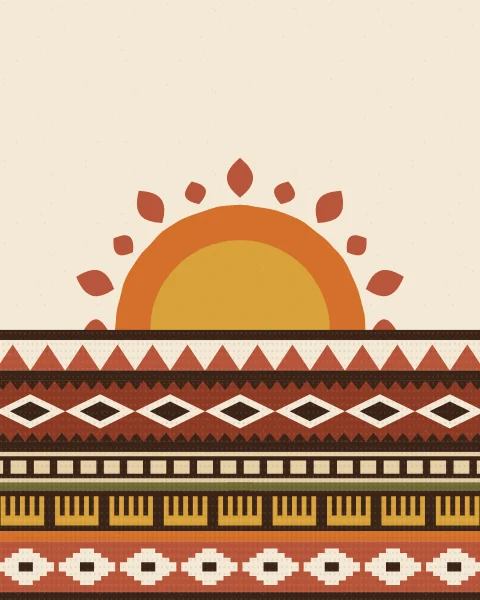 A mustard and orange sun with petal rays rises over a deep field of woven bands.