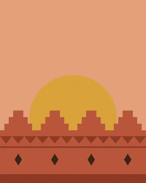 A large striped sun sinks behind the stepped parapet of an earthen wall decorated with triangles and lozenges.