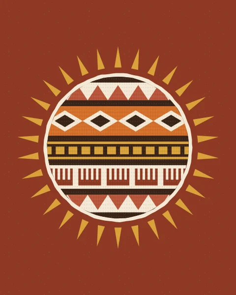 A round sun filled with woven bands of teeth, lozenges, ladders and combs, ringed by cream and mustard rays on rust.