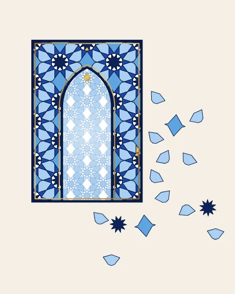 A pointed arch framed in ten-fold girih tilework in cobalt and sky blue, whose pattern loosens beyond the frame and drifts away in separate tiles, a few of them gold.