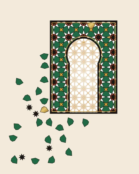 A Moorish horseshoe arch in green, white, black and honey zellige stars around a pale window of finer stars; below and to the left the tiles break loose and fall away.