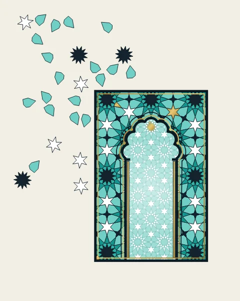 A lobed mihrab niche set in twelve-fold turquoise and ink tilework, with gilded colonnettes; the pattern breaks away up and to the left.