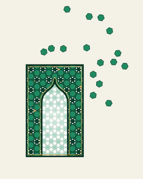 An ogee arch framed in a hexagonal star pattern of emerald and white, its tiles lifting upwards and away from the top of the frame.