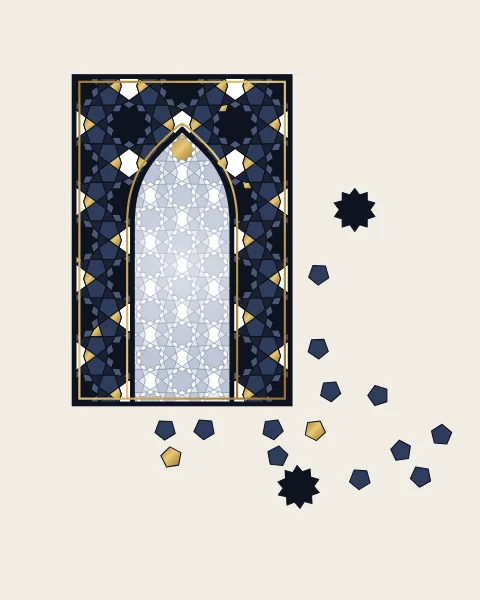 A keel-shaped arch in ten-fold girih of ink, slate and white with touches of gold, around a pale inner field; its tiles slip down and to the right.