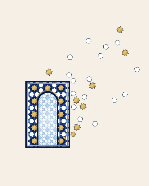 A small round arch in a narrow band of gold eight-pointed stars on deep blue, with only a few tiles straying from its edge.