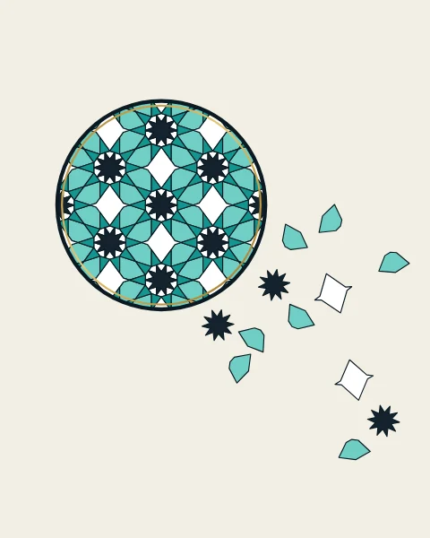 A circular fragment of ten-fold girih tilework in turquoise and ink, coming apart along one side and drifting across the paper.
