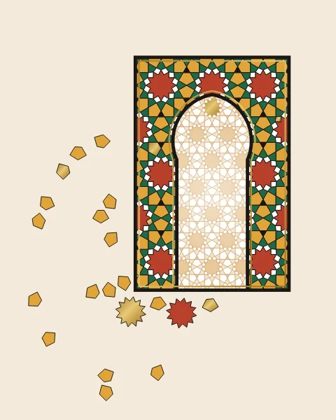 A pointed horseshoe arch in twelve-fold stars of green, honey and terracotta, the tiles falling away down and to the left.