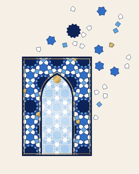 A tall pointed arch of deep blue twelve-fold tilework holding a much paler, finer star pattern inside, like light through a window; the outer tiles rise and scatter.