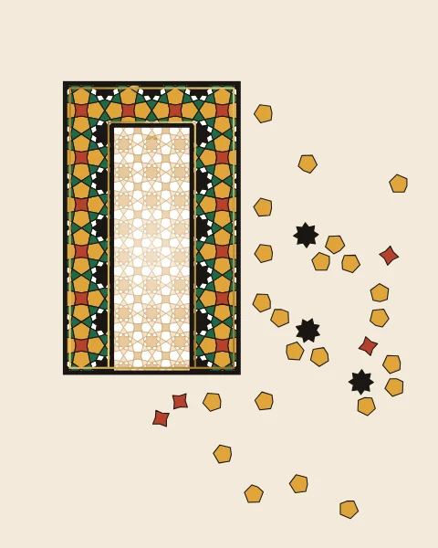 A rectangular doorway filled with a pale, finer star pattern, set in a deep frame of green, honey and black khatam stars that come loose and drift off to the right.