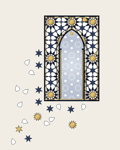 A pointed mihrab niche in twelve-fold stars of ink and grey with gold centres, its tiles loosening and falling below the frame.