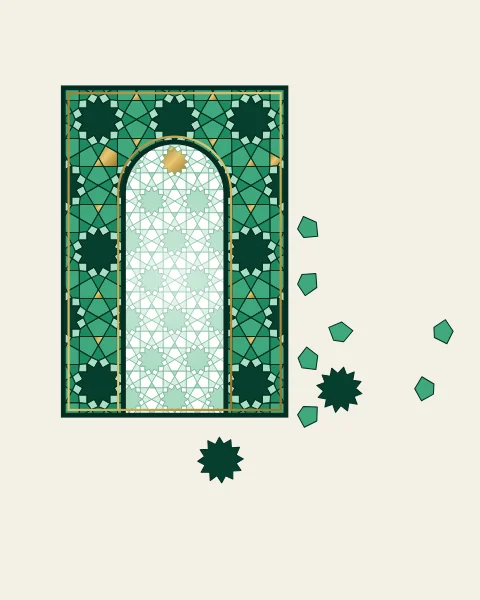 A round-headed arch in emerald, mint and white twelve-pointed stars, the pattern unravelling to the right.