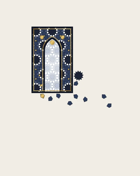 A small pointed niche in a dense frame of ink-blue six-pointed stars with a pale, finer pattern inside and a single gold keystone; only a handful of tiles slip from one corner.
