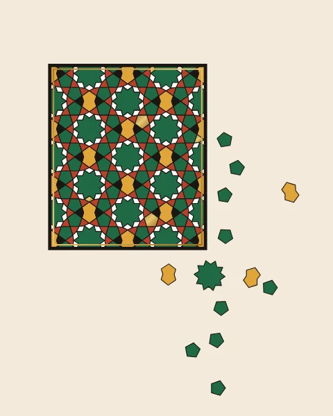A rectangle of ten-fold zellige in terracotta, green and honey with no frame around it, breaking apart at one corner into a diagonal stream of tiles.