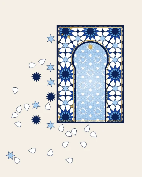 A horseshoe arch in twelve-fold tilework of cobalt and sky blue, the tiles drifting away to the left.