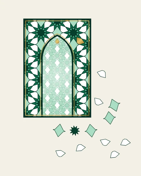 A pointed gateway in emerald and white ten-fold girih with gold accents, its lower edge coming loose in a fall of tiles.