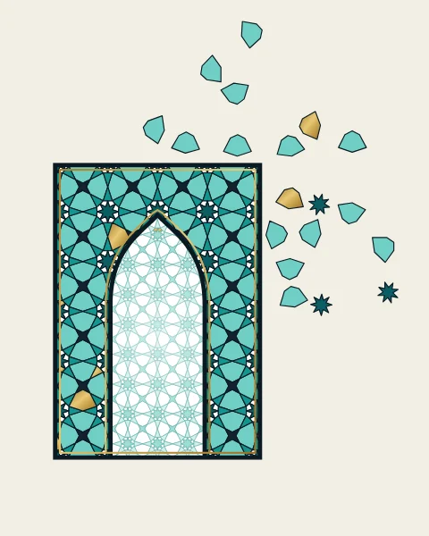 A keel arch in turquoise and ink eight-pointed stars around a pale inner field of finer stars, the outer tiles drifting up and to the right.