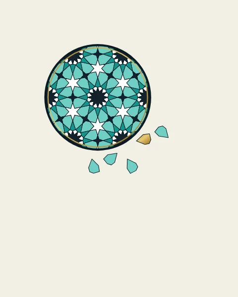 A round panel of twelve-fold tilework in turquoise and ink, centred on a single twelve-pointed star, with a few of its tiles slipping away.