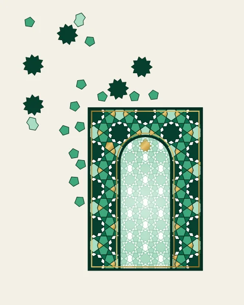 A round arch in emerald, mint and white ten-fold girih, the tiles lifting off the top of the frame.