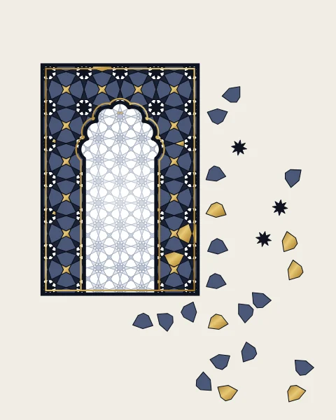 A lobed arch in ink and slate-blue eight-pointed stars with gold centres, more gold appearing among the tiles as they sweep away to the right.