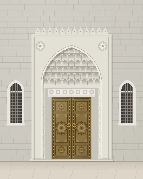 A pair of metal-faced doors with star medallions under a marble muqarnas hood, in a white portal with a carved cresting and flanking grilled windows.