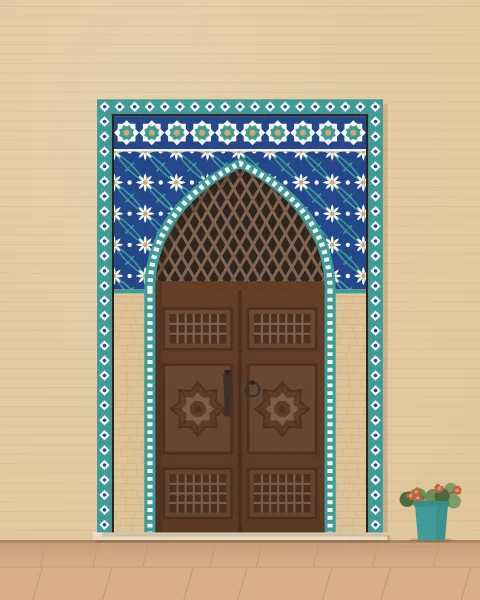 A walnut door under a pointed arch, its spandrels filled with cobalt and turquoise tiles, with a wooden lattice above and two different knockers.