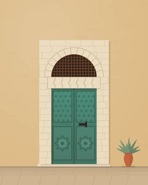 A green-painted door in a limestone surround with an interlocking stone lintel and a half-round window of turned-wood mashrabiya above.