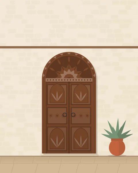 A carved teak door with an arched head in a pale stone wall banded with timber; on wider sheets a projecting wooden bay window hangs beside it.