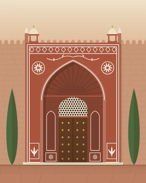 A Mughal gateway in red sandstone inlaid with white, with a deep arched recess, a lattice screen over a small studded door, and small domed kiosks on top.