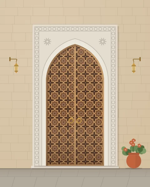 A pointed-arch wooden door filled with interlocking star panels, set in a carved stone frame between two brass wall lanterns.
