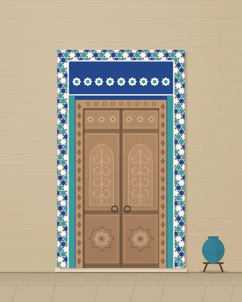 A pale carved wooden door with arched scroll panels and star medallions, framed by blue and turquoise tilework on a mud-brick wall.