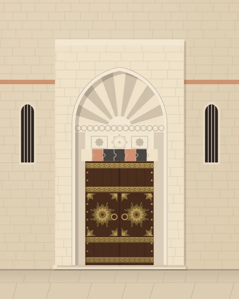 A dark wooden door banded and medallioned in bronze, under a striped lintel and a ribbed stone hood in a limestone portal.