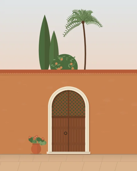 An arched wooden gate in a terracotta garden wall, with cypress, palm and an orange tree rising behind it against a pale sky.