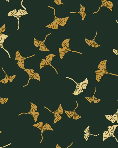 Fan-shaped ginkgo leaves drift across a deep forest-green ground in two golds, each with fine radiating veins cut through in green and a curved stalk.