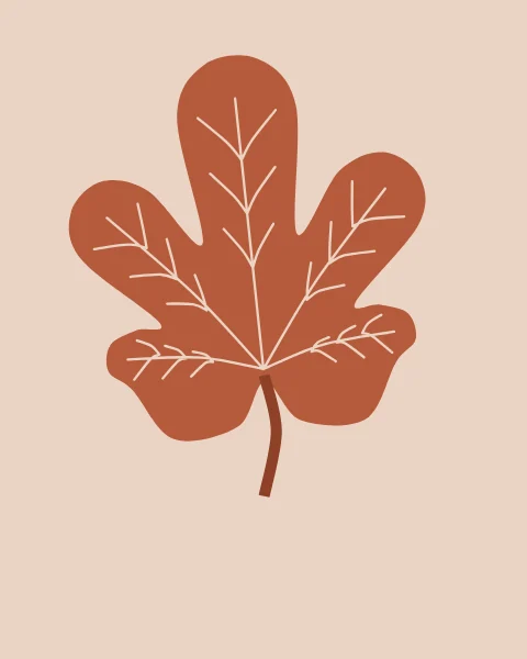 A single fig leaf fills the sheet, five rounded lobes in flat terracotta with its veins cut back to the blush ground, and a short dark stalk at the base.