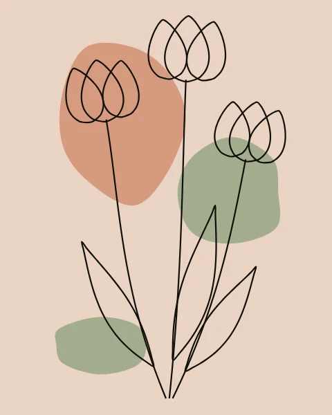 A small bunch of three tulips is drawn in one ink line weight, stems crossing at the base, each with a long leaf. Behind the flowers, loose shapes of terracotta and sage sit slightly off the drawing.