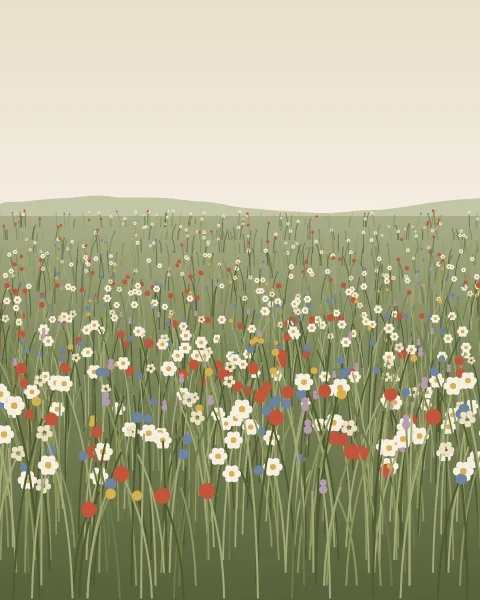 A meadow fills the lower sheet under a pale cream sky and a soft sage tree line. Grasses and stems grow taller towards the front, dotted with white daisies, red poppies, cornflower blue, yarrow, clover and buttercups.