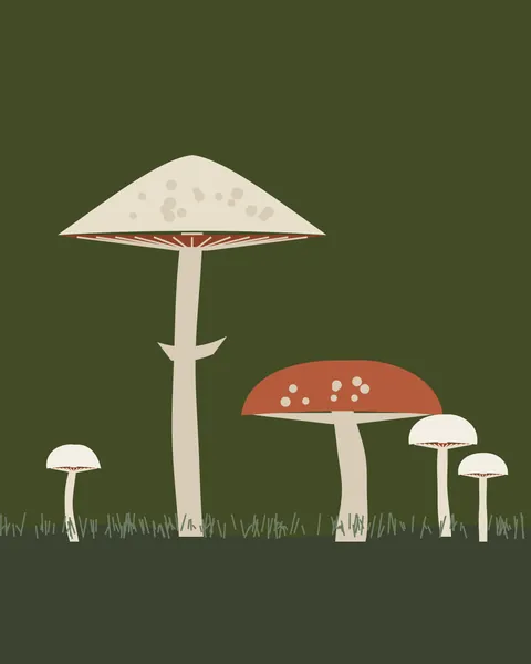 On a deep olive ground a group of mushrooms stands in a strip of moss: a tall parasol with a spotted oat cap, a wide, spotted terracotta cap on a slender stem and a few small bone bells, each showing its gills.