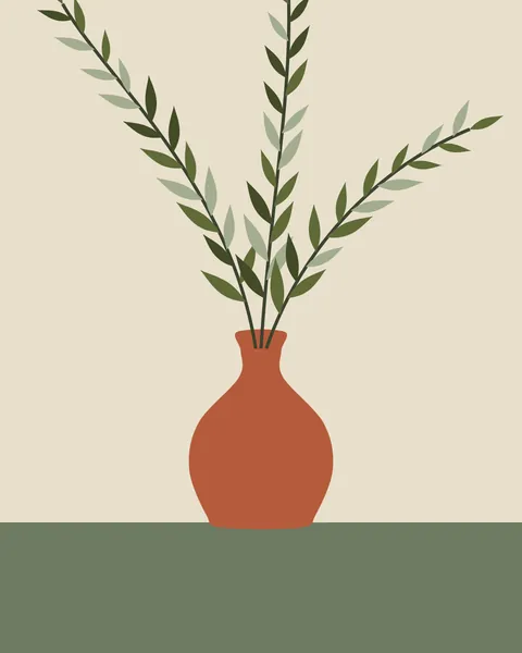 A round terracotta vase stands on a sage-green ledge against an oat wall. Three slender olive branches in olive and sage leaves rise and arch out from its neck.