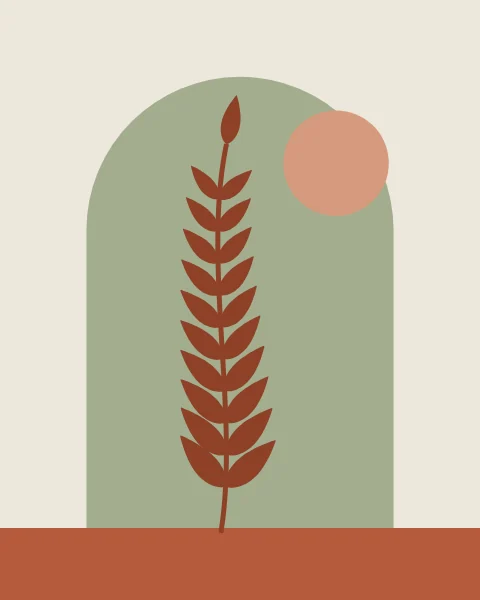 A tall sage arch stands on a terracotta floor against a bone wall, with a pale terracotta sun at its shoulder. A stem of paired deep-terracotta leaves rises up the middle of the arch.