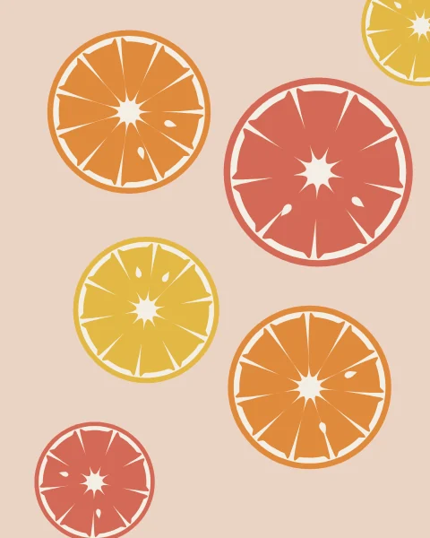 Cut citrus halves are scattered on a blush ground: oranges, lemons and pink grapefruit, each with its rind, pale pith and segments, and a pip or two.