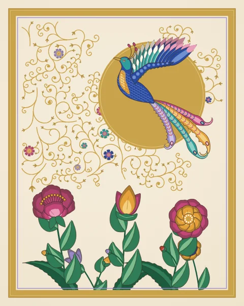 A long-tailed bird with banded rose, saffron, turquoise and lavender plumes flies across a gold moon above peonies, lotus and tulips, among fine gold scrolls and small blossoms within a gilded frame.