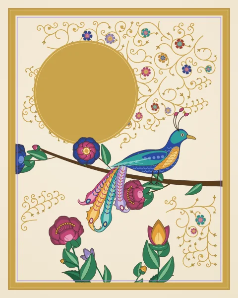 A bird with drooping plumes rests on a flowering branch of peonies and rosettes in front of a large gold moon.