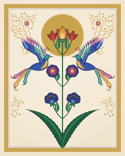 Two long-tailed birds face each other across a flowering tree crowned with a lotus, under a gold moon.