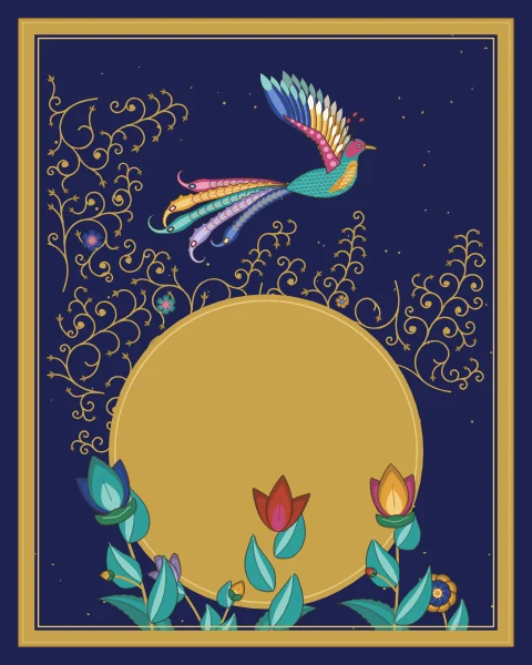 A turquoise and rose bird of paradise flies high above a great gold moon rising behind lotus, tulips and peonies, in an indigo sky flecked with gold.