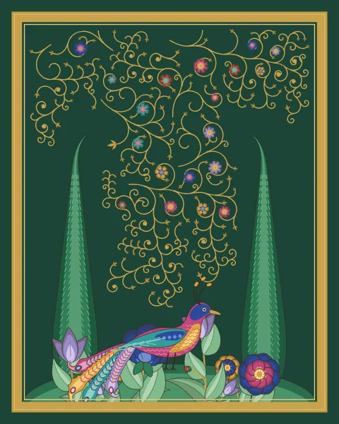 A rose and cobalt bird stands on a green flowering mound between two cypresses, among tulips, peonies and rosettes, on a deep green ground with gold scrolls.